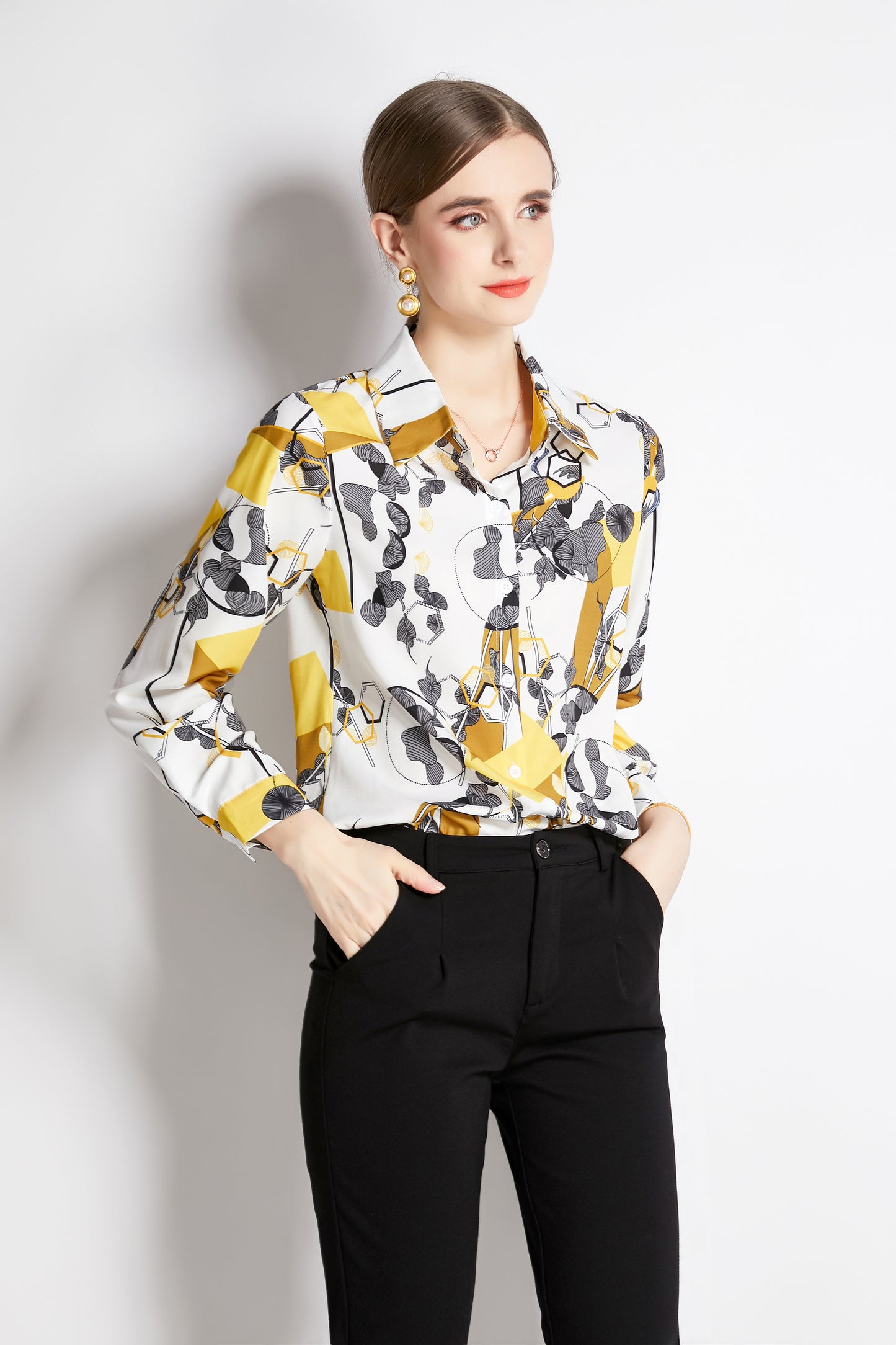 ESY-Women's Shirt Floral Print Long Sleeve Button Blouse