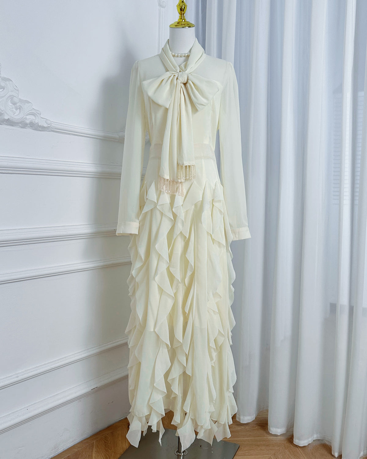 Elegant Chiffon Maxi Dress with Scarf Neck & Rhinestone Fringe