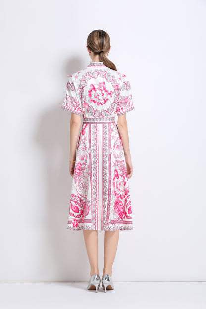 Women's Short Sleeve Button Floral Print  Midi Dress