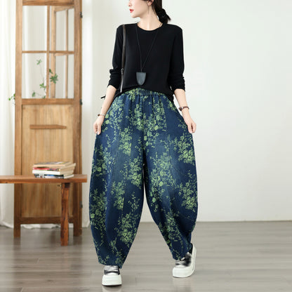 Vintage Print Denim Jeans for Women - High-Waisted, Loose-Fit Harem Pants