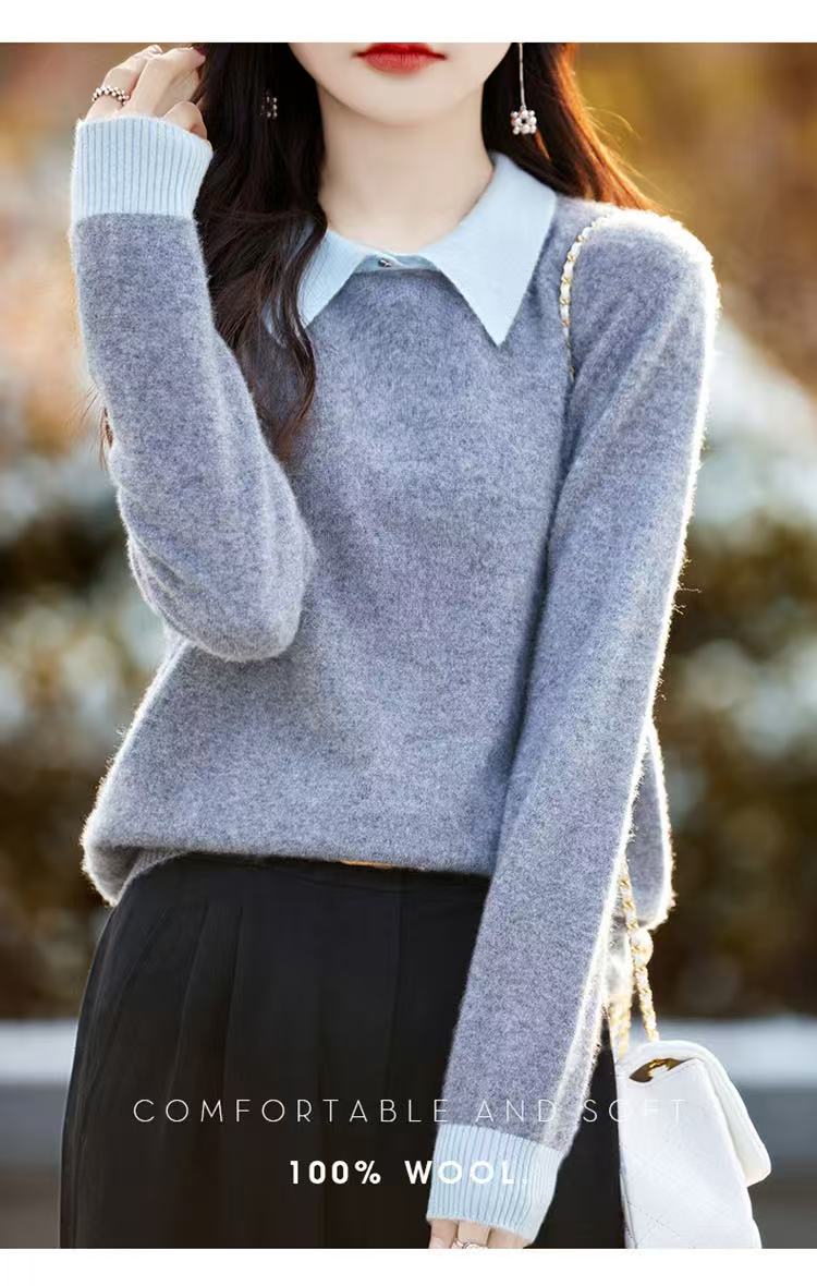 Contrast Collar Polo Neck Knit Sweater – Soft Fall&Winter Pullover - LAI MENG FIVE CATS
