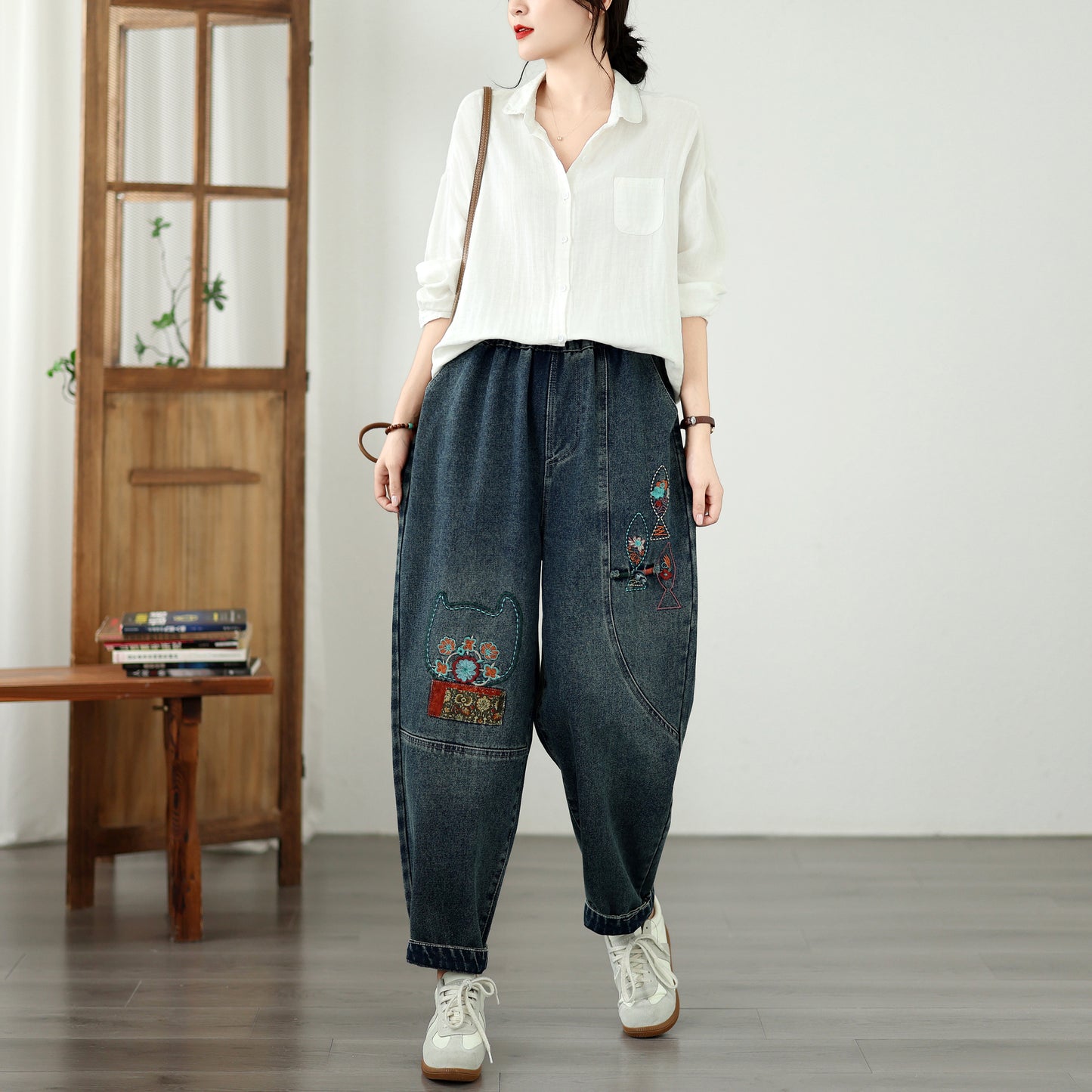 Vintage Embroidered Denim Harem Pants Ethnic Loose Fit Boyfriend Jeans