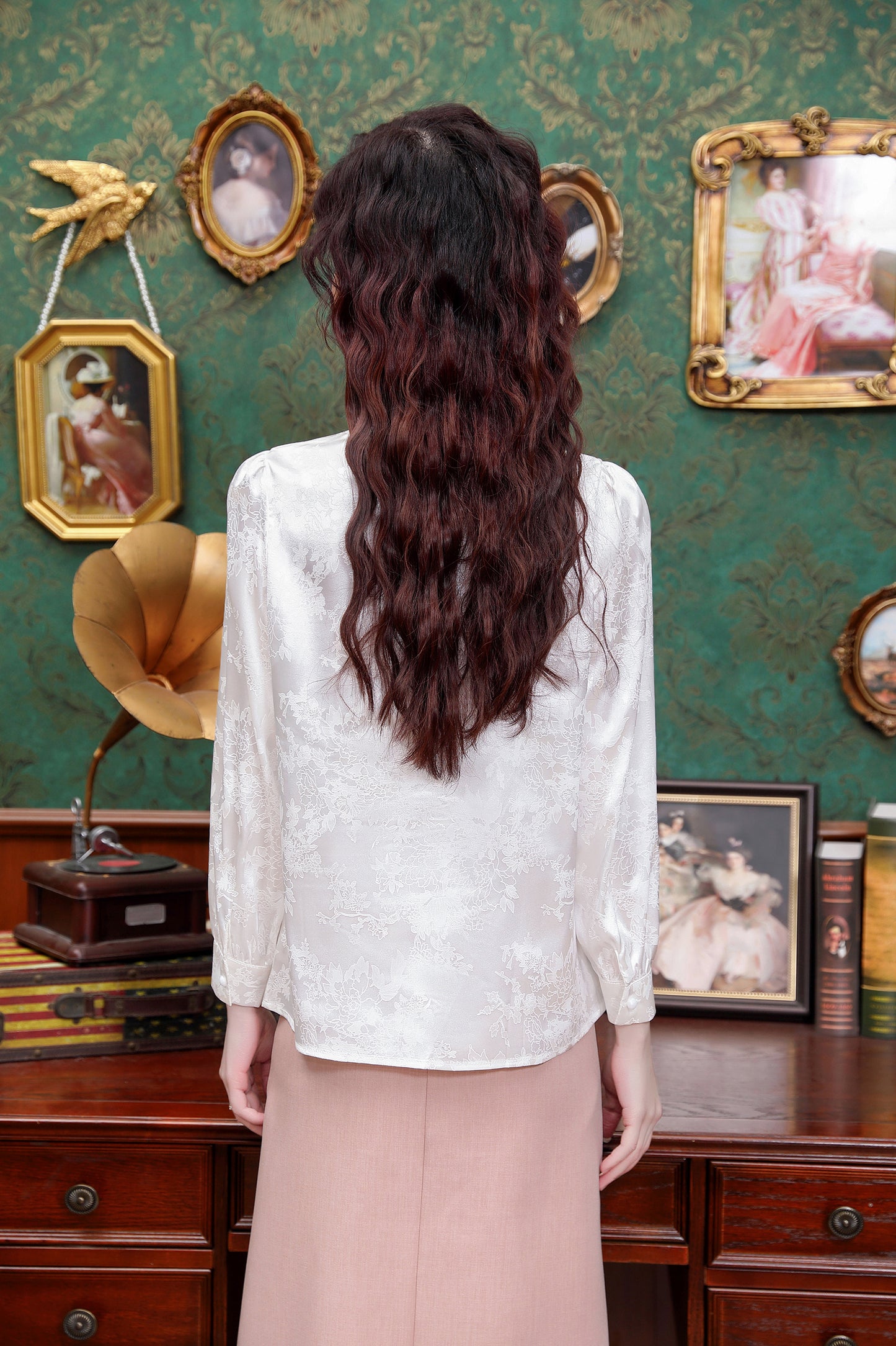 Women's Silk Satin Jacquard Long Sleeve Blouses