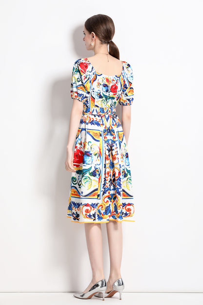 Color Floral Print Vintage Short Sleeve Midi Dress with Belt