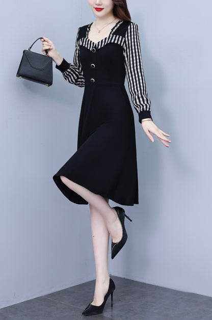 Women's Square Collar Long Sleeve Black Dress with Pocket - LAI MENG FIVE CATS