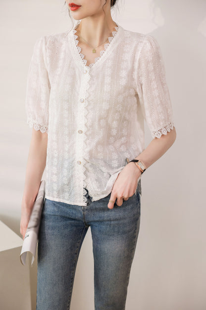V-neck Lace Panel Embroidered Blouse