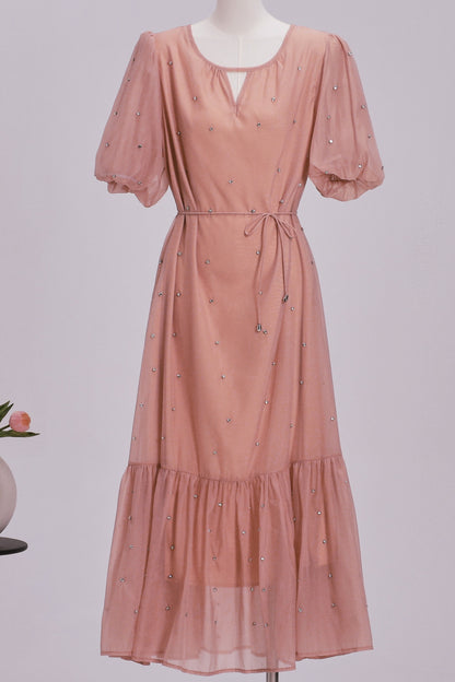 Women's Beaded Ruffled Puff Sleeve Maxi Dress