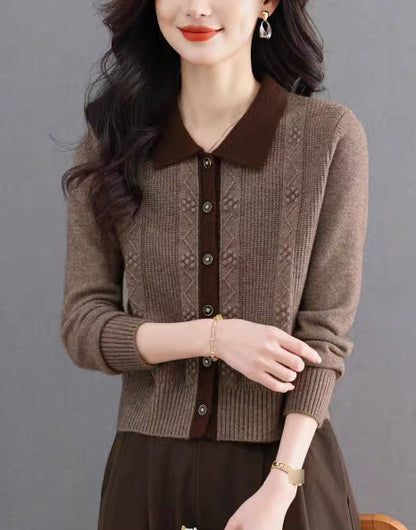 Vintage Contrast Collar Cable Knit Cardigan | Textured Button Crop Sweater