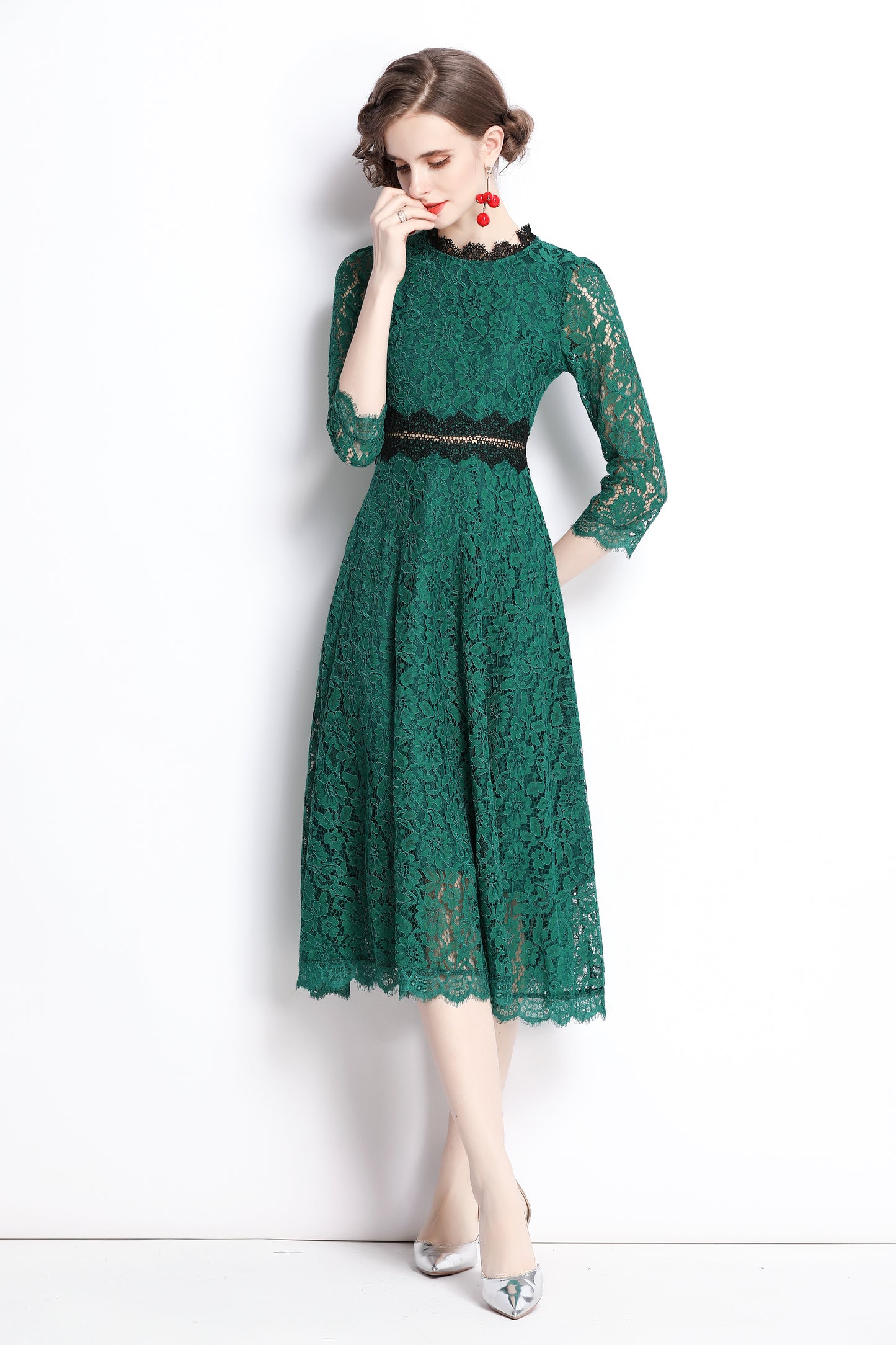 SSY-Women's 3/4 Sleeve Floral Lace Cocktail Midi Dress