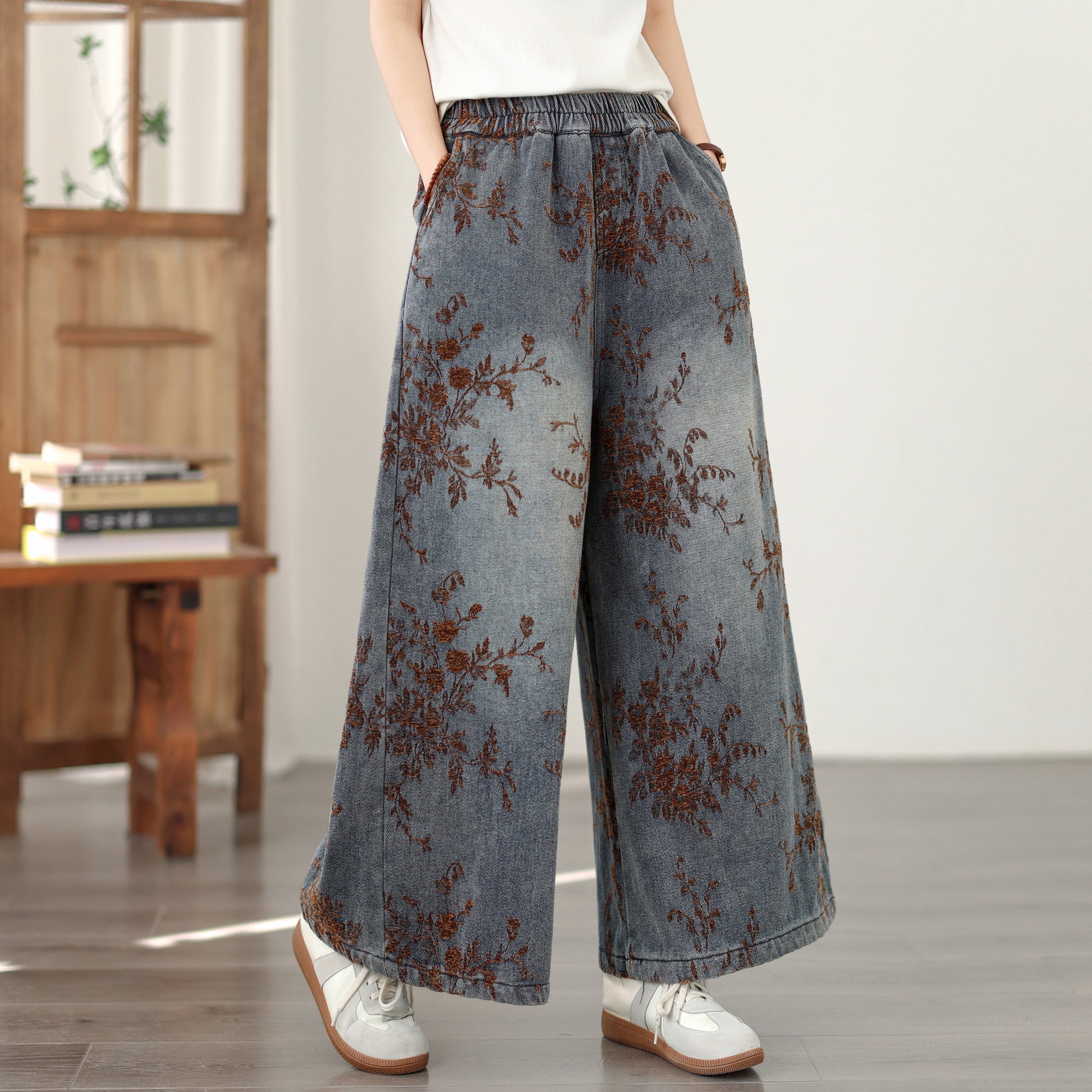 26-Women's Denim Wide Leg Baggy Elastic Waist  Jeans - LAI MENG FIVE CATS