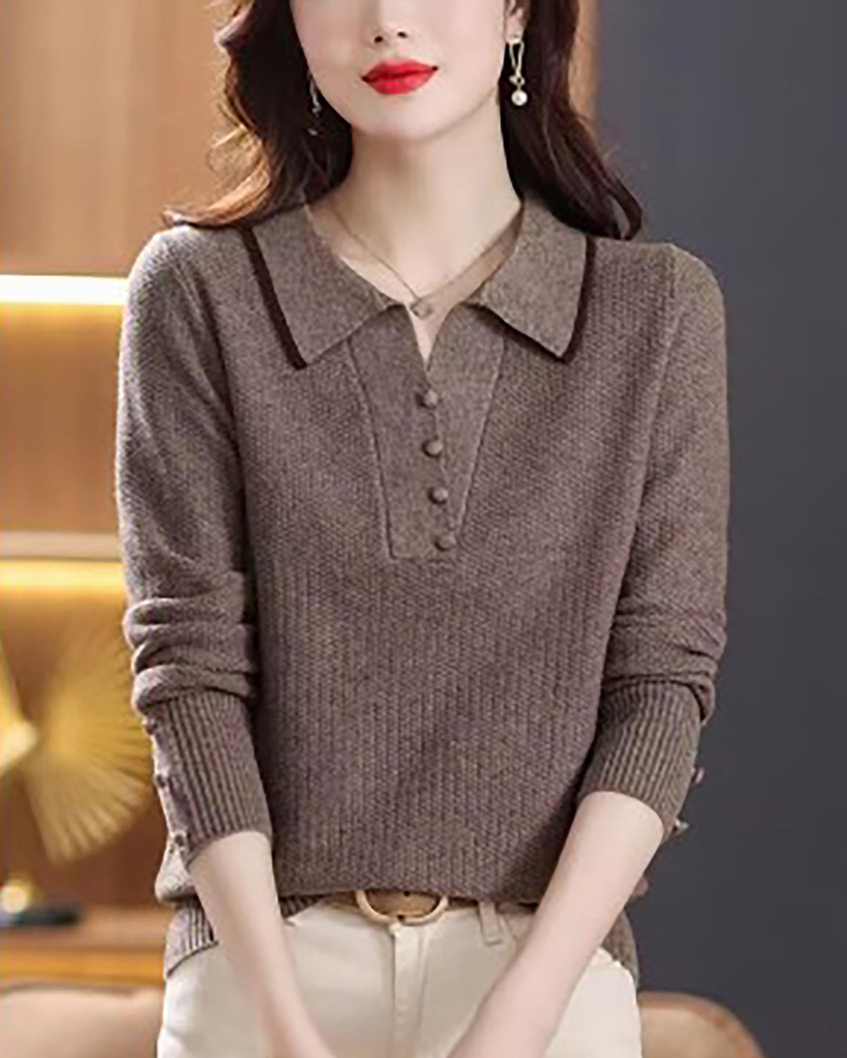 Fine-Knit Polo Top with Contrast Collar & Layered Look Sweater