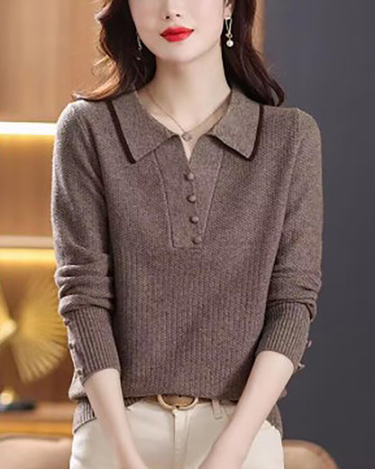 Fine-Knit Polo Top with Contrast Collar & Layered Look Sweater