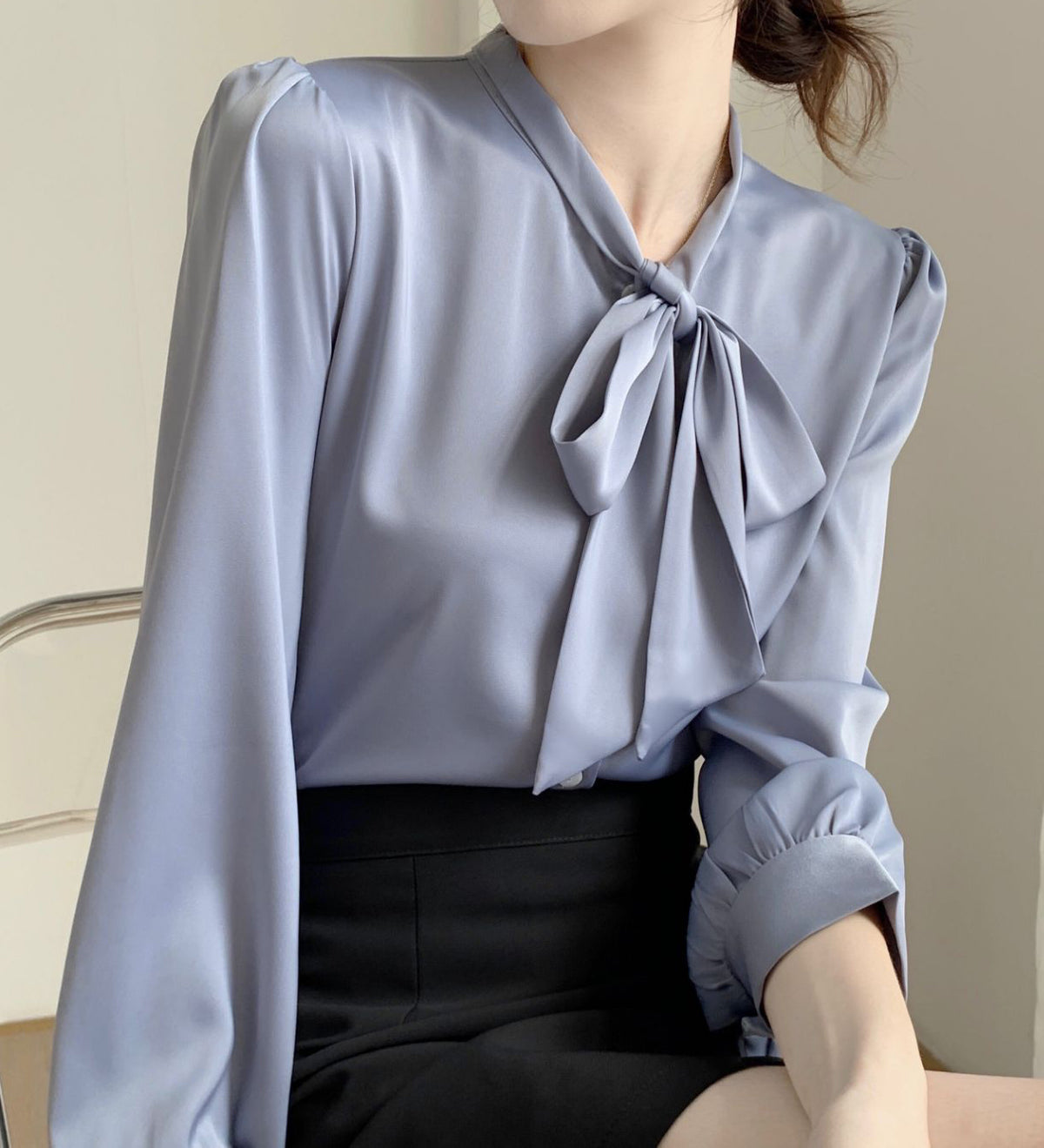 28686 Satin Tie-Neck Blouse with Button Front – Soft Blue Elegance for Fall