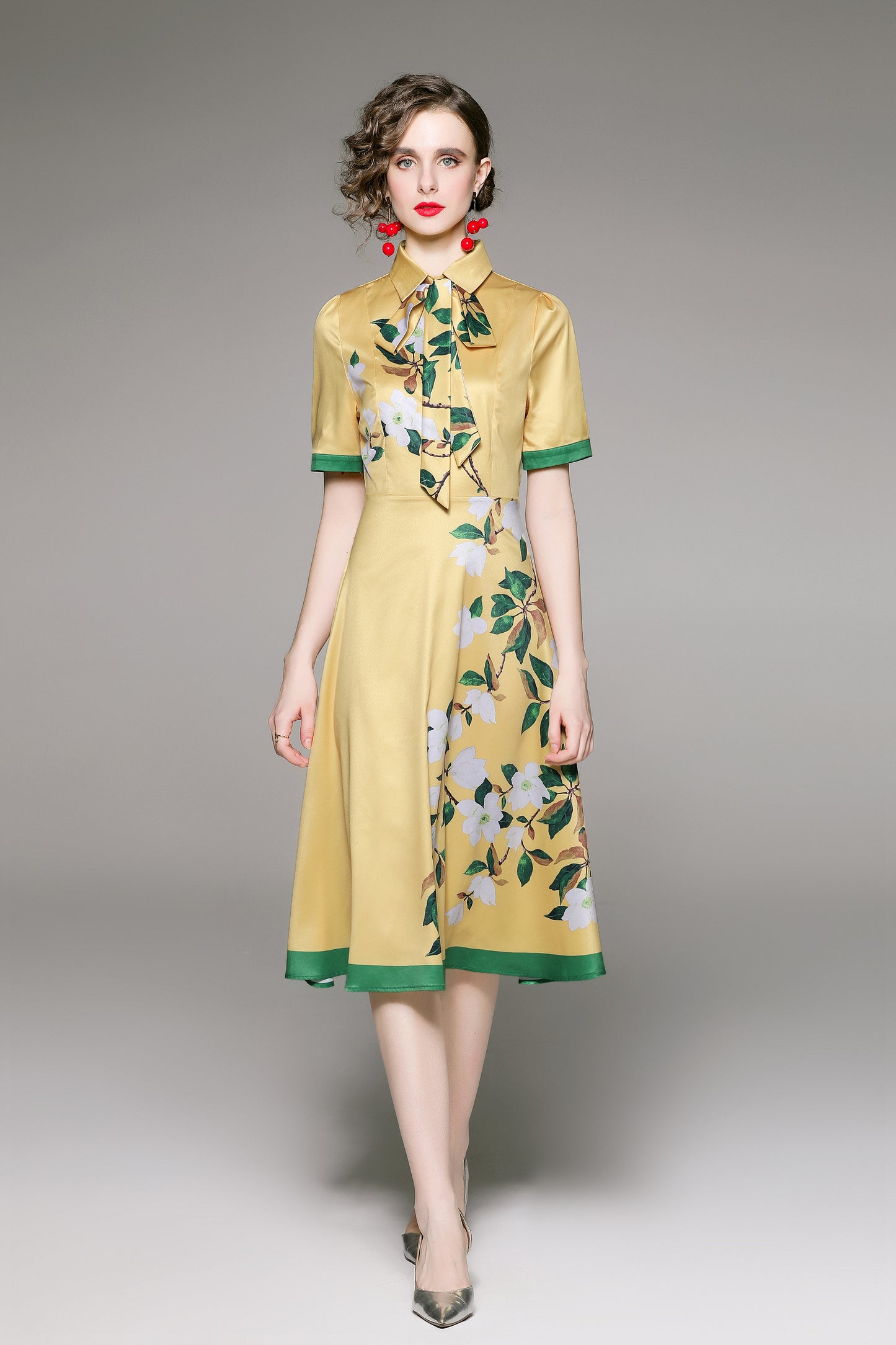 FSY-Women's Short Sleeve Floral Print Button Midi Dress