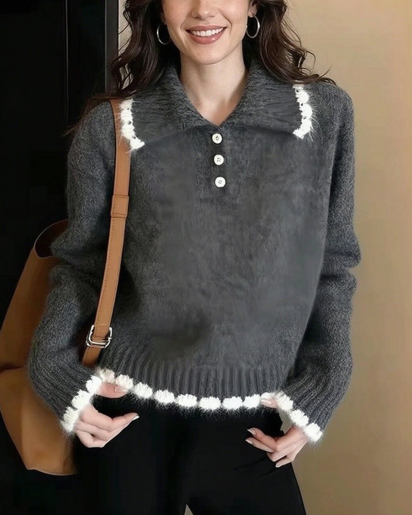 Contrast Trim Knit Polo Sweater | Soft Long Sleeve Pullover