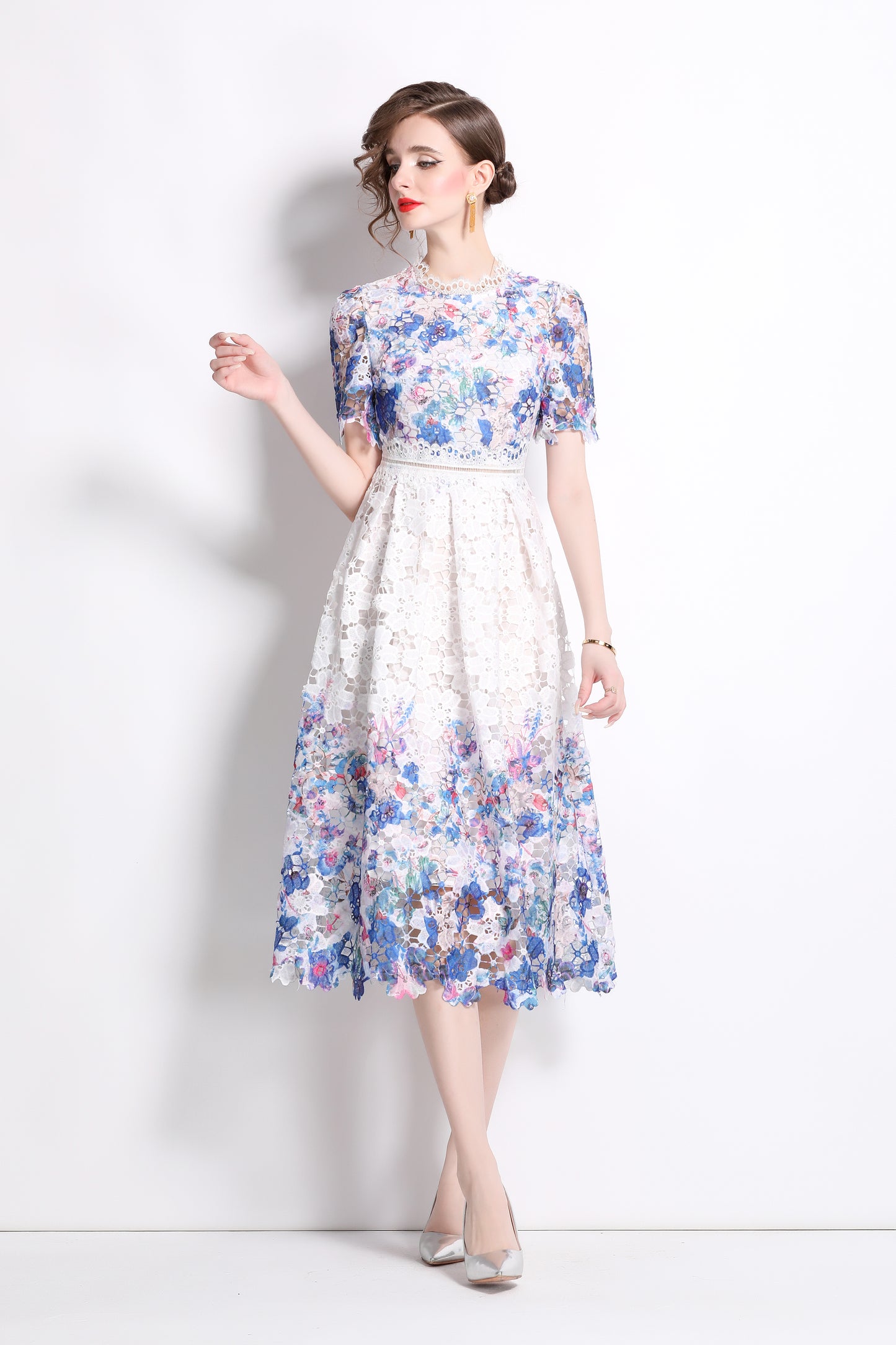 Women's Lace Floral Crochet Waist Midi Dress