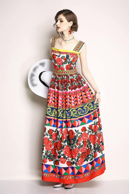 Women's Summer Boho Floral Print Spaghetti Strap Maxi Sun Dress