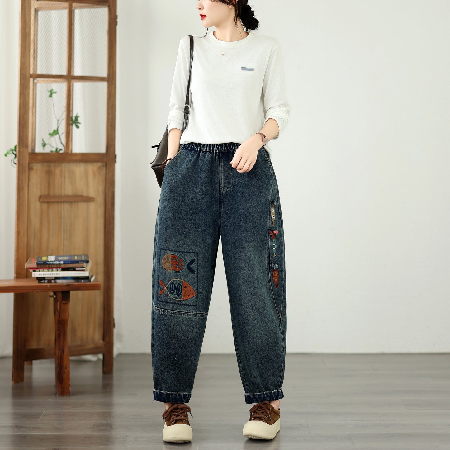 Vintage Wide-Leg Jeans Embroidered Denim Harem Pants