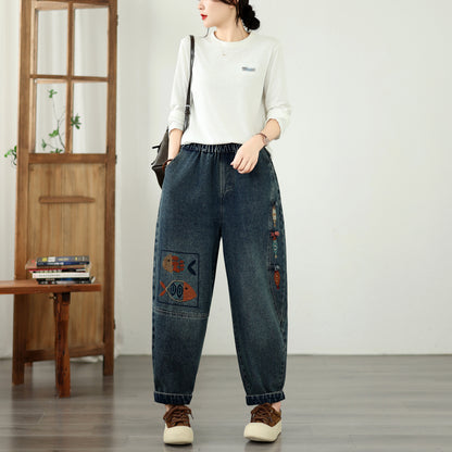 Vintage Wide-Leg Jeans Embroidered Denim Harem Pants