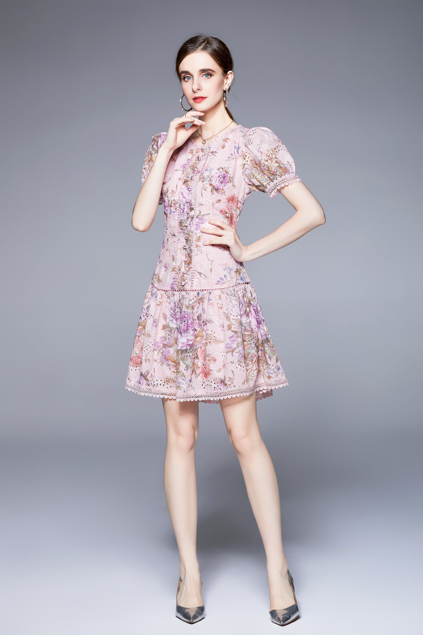 SSY-Women's Floral Puff Sleeve Low Waist Ruffle Short Dress