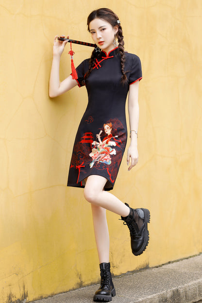 Women's Chinese Cheongsam Print Mini Dress