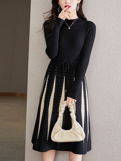 Women Stripe Crew Neck Drawstring Knit Dress