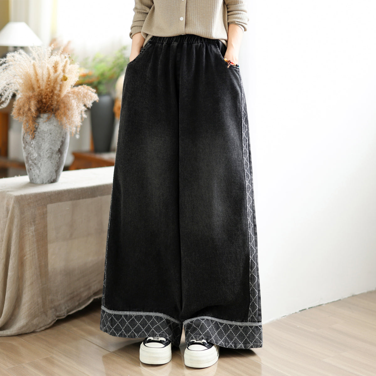 28666-Vintage Denim Wide Leg Palazzo Pants with Elastic Waist & Pockets