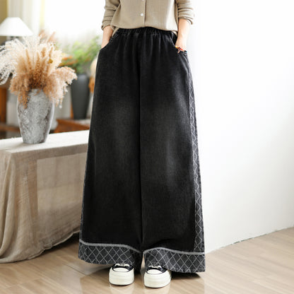 28666-Vintage Denim Wide Leg Palazzo Pants with Elastic Waist & Pockets