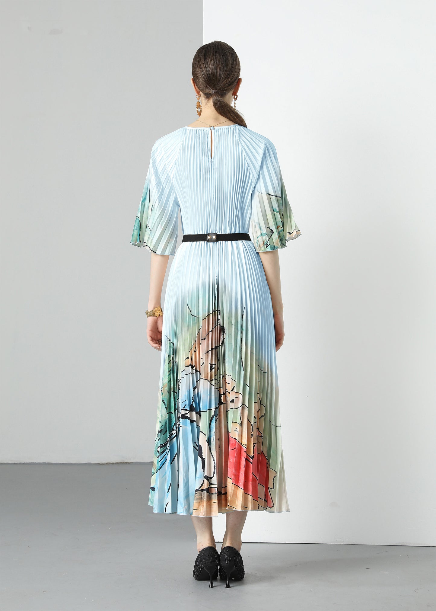 Blue Elegant Pleated Round Neck 1/2 Sleeves Print Casual Maxi Dress