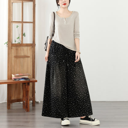 Effortless Chic High-Waist Floral Denim Wide-Leg Trousers