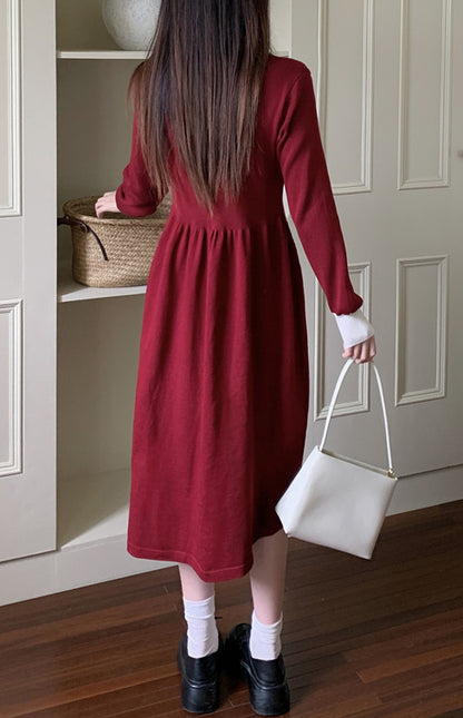 Women's Peter Pan Collar Ribbed Knit Sweater Midi Dress
