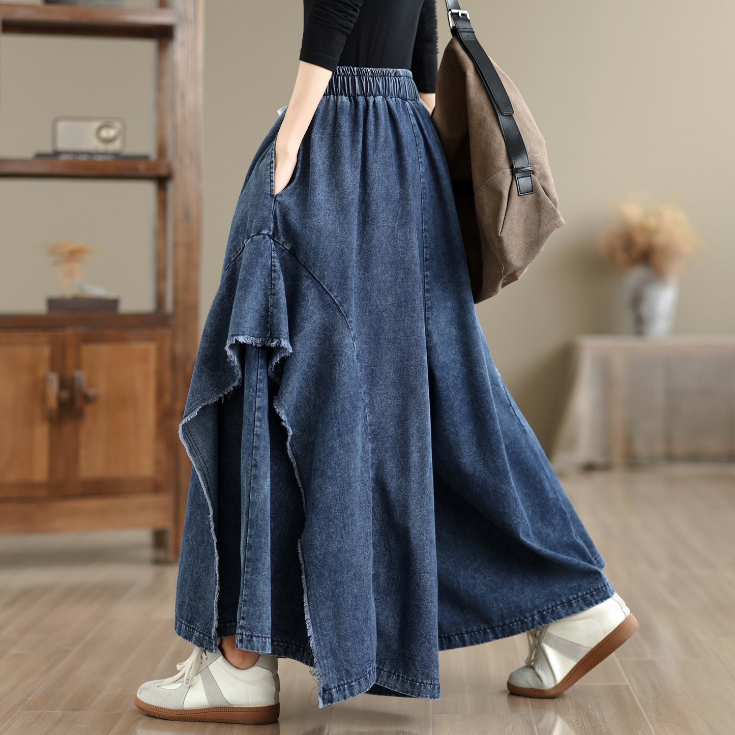 Women Loose Denim Skirt Pants Baggy Elastic Waist Casual Wide Leg Jeans