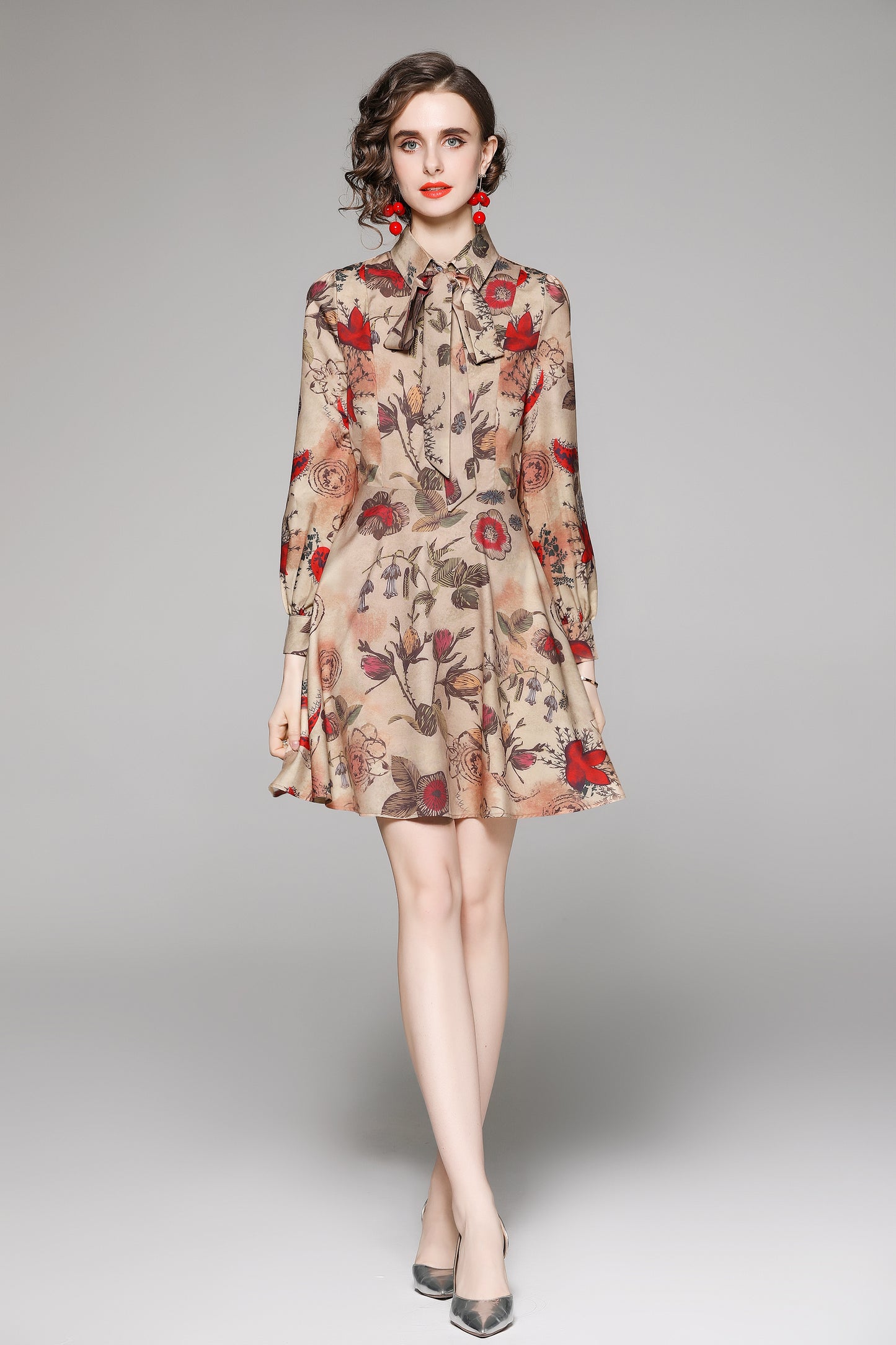SSY-Women's Floral Print Tie Collar Puff Sleeve Button Mini Dress