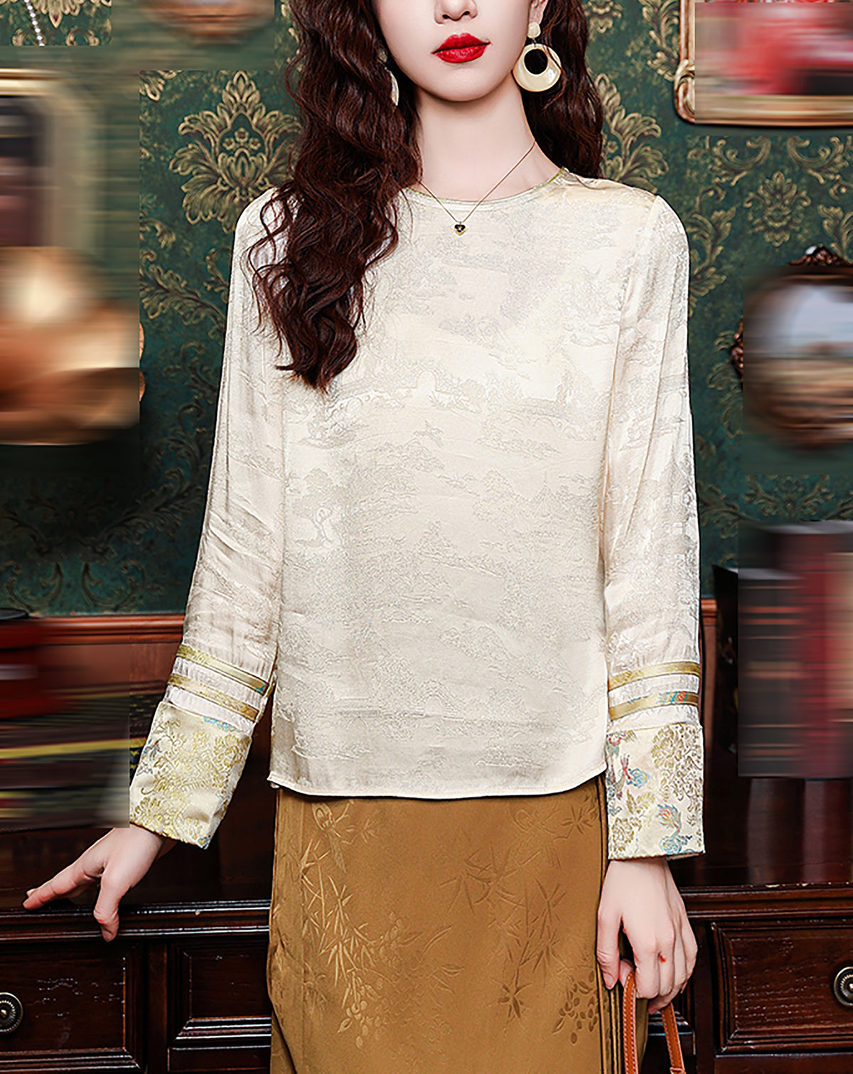 Elegant New Chinese Round Neck Satin Blouse with Embroidered Cuffs