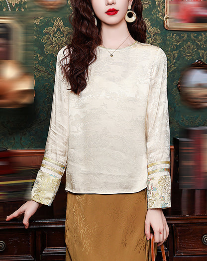 Elegant New Chinese Round Neck Satin Blouse with Embroidered Cuffs