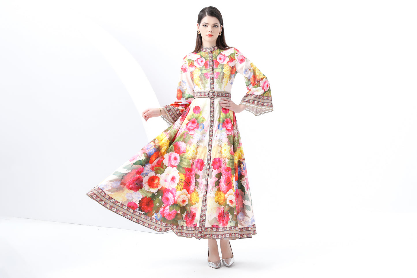 Women's Floral Print Bell Sleeves Maxi Dress