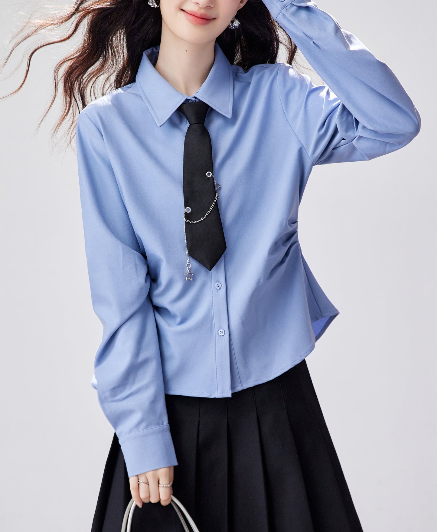 Elegant Light Blue Slim-Fit Shirt with Side Ruching & Tie Detail