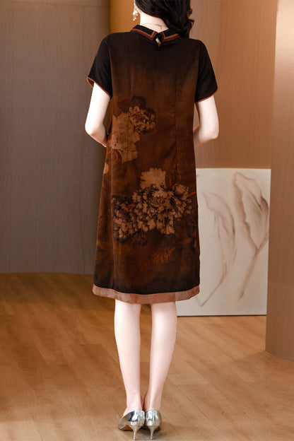 Brown Vintage Floral Cheongsam Short Sleeves Dress