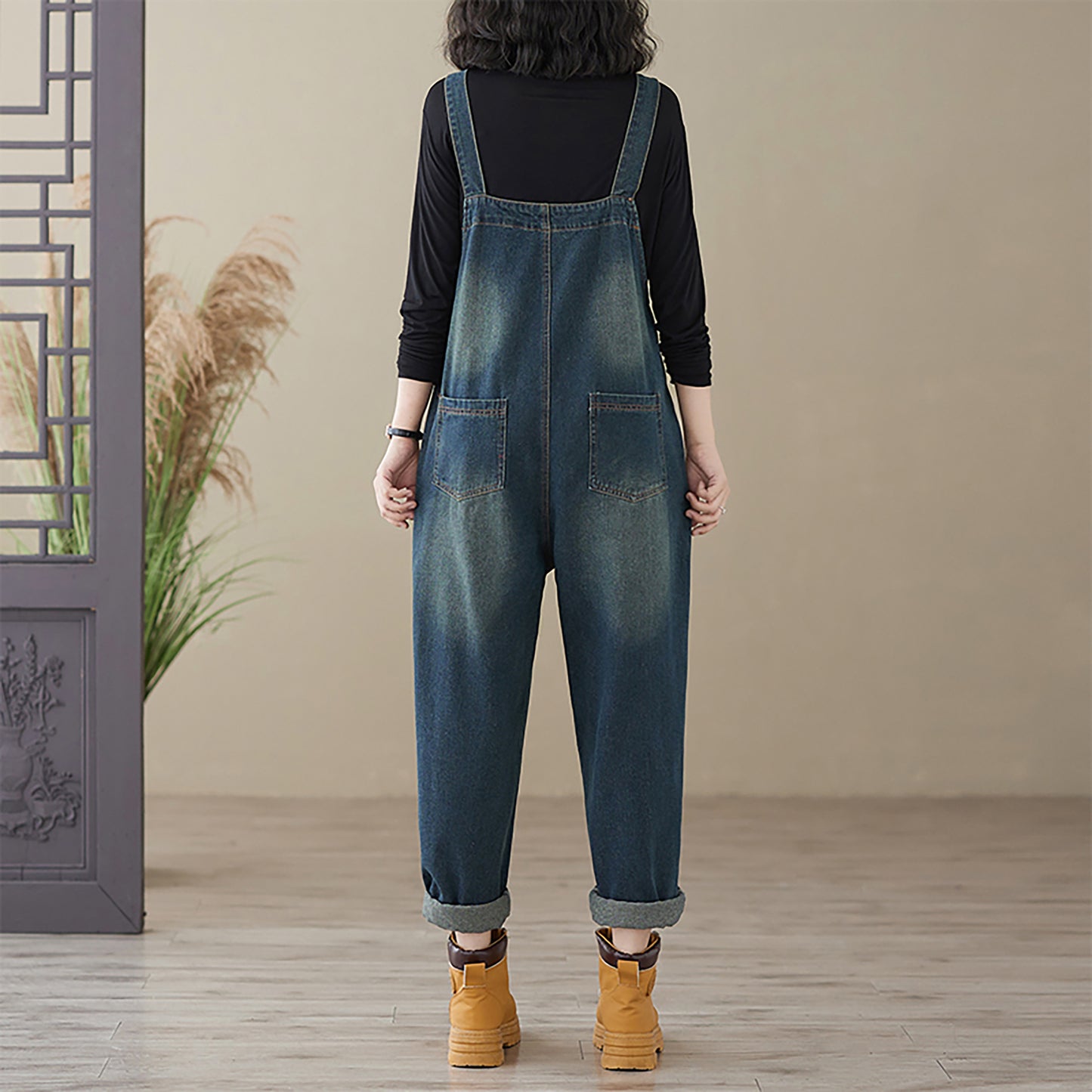 Stretchy Loose Bib Overalls with Pockets