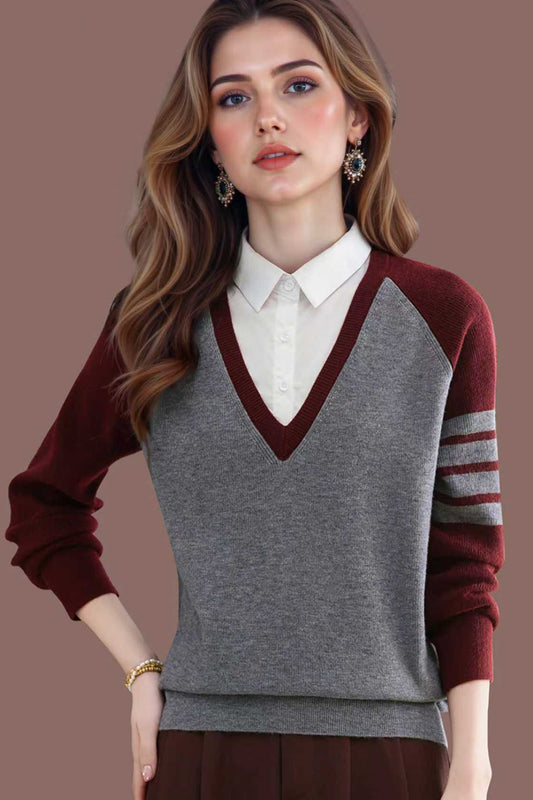 Women's V-Neck Pullover Top Striped Contrast Blouse