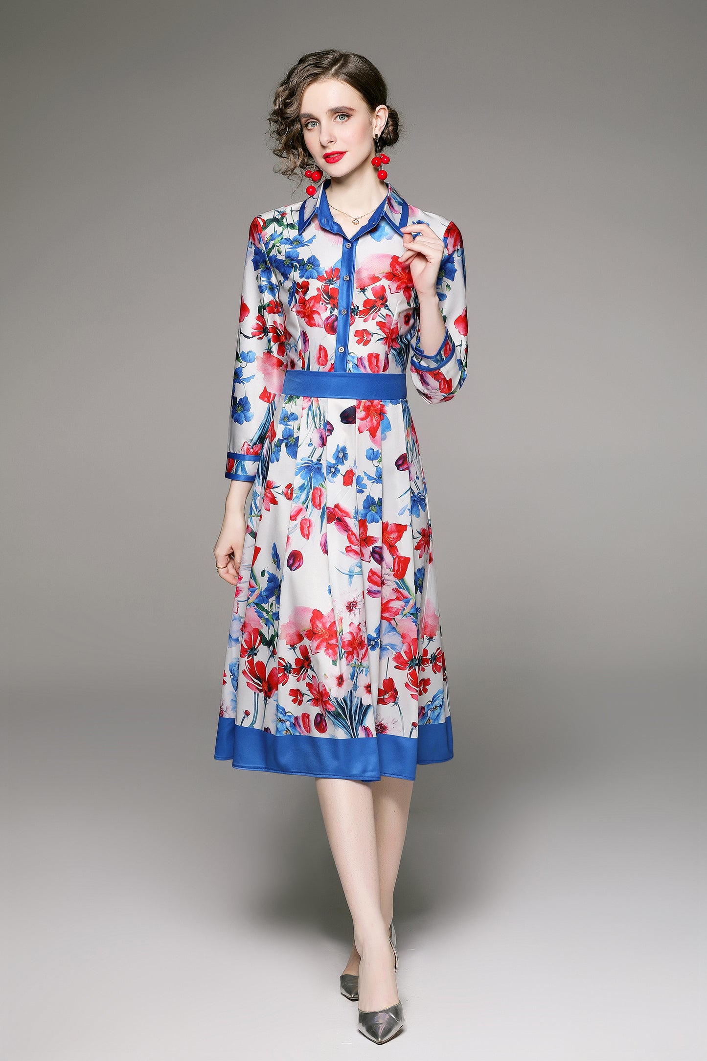 FSY-Women's Floral Print Button A-line Flowy Midi Dress