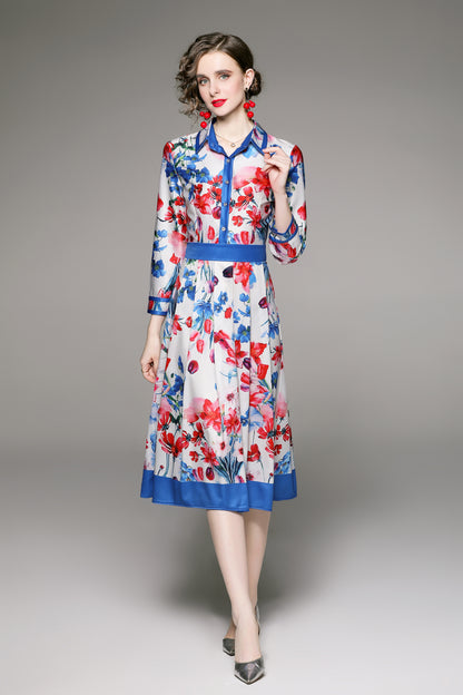 FSY-Women's Floral Print Button A-line Flowy Midi Dress