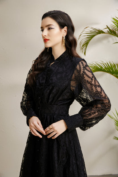 Women's V-Neck Lace Floral Lantern Sleeve Maxi Dress