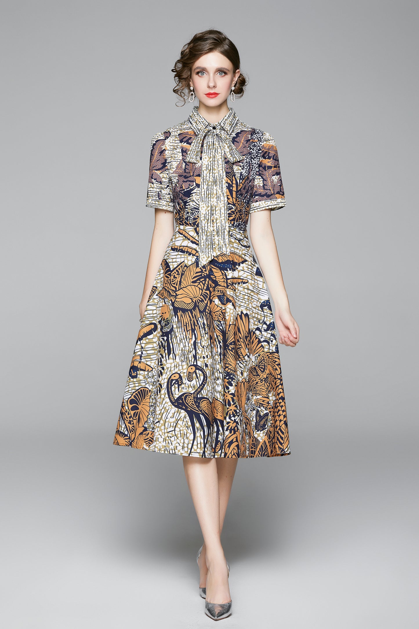 SSY-Women's Short Sleeve Floral Print Button Midi Dress