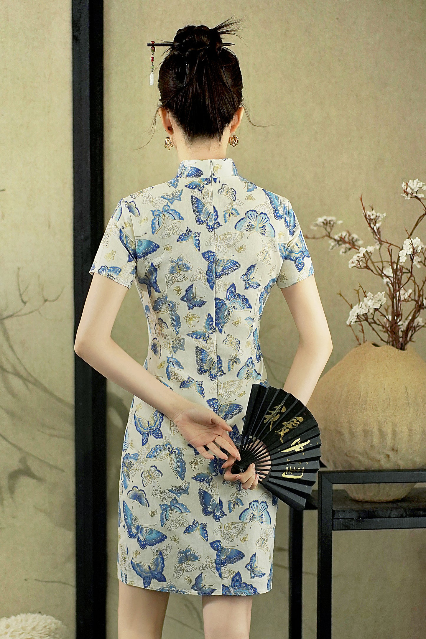 Women's Chinese Cheongsam Print Side Slit Mini Dress