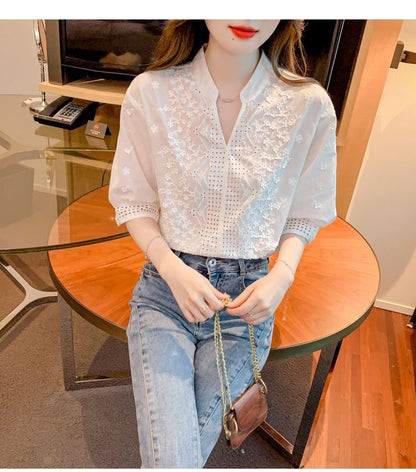 Women's V Neck Lace Tops 1/2 Sleeve Blouse - LAI MENG FIVE CATS