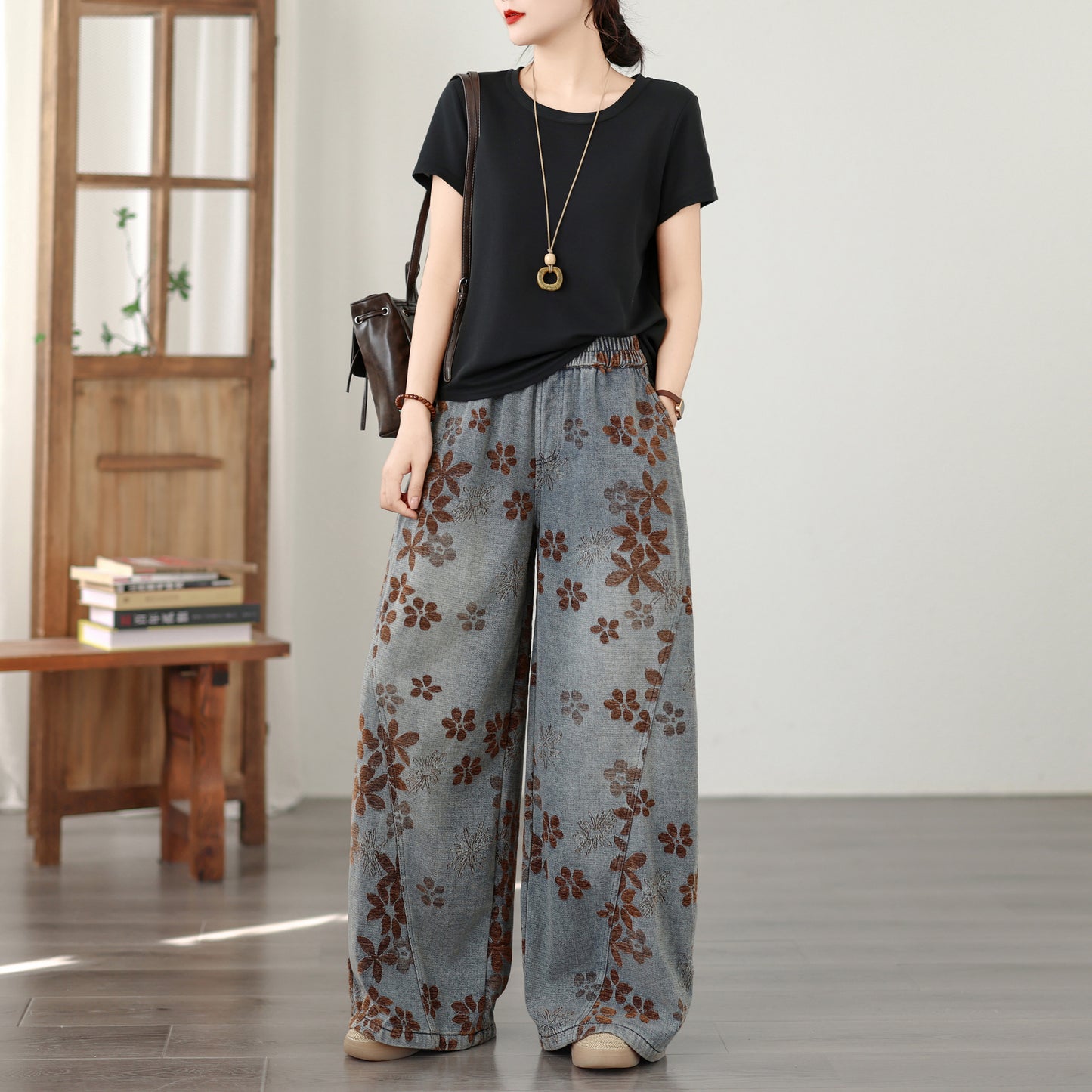 26-Women's Baggy Jeans Elastic Waist Loose Denim Pants