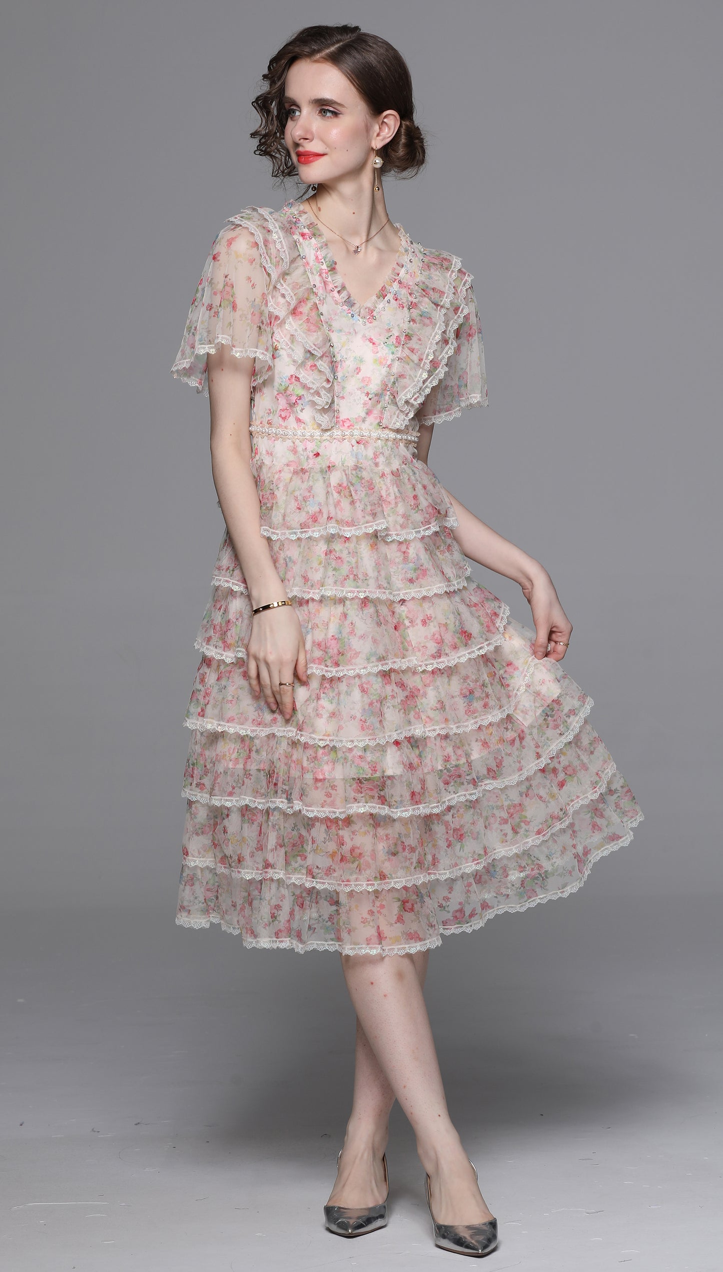 Romantic Floral Lace Trim Midi Dress