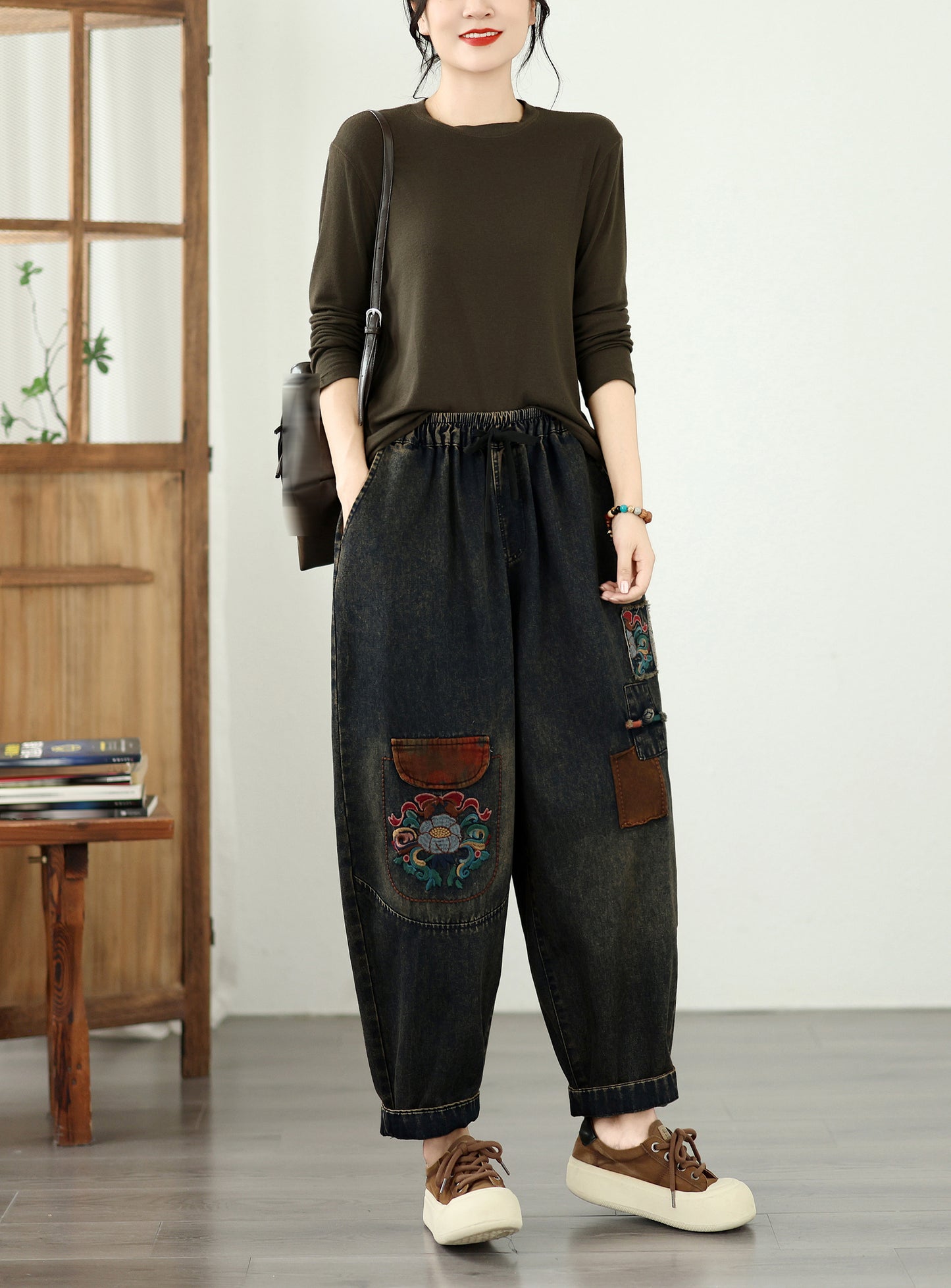 Retro Boho Patchwork Floral Print Denim Harem Pants