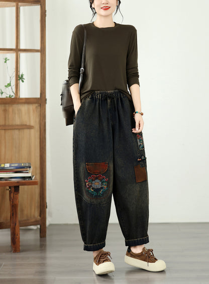 Retro Boho Patchwork Floral Print Denim Harem Pants